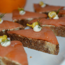 Smoked Salmon Gravlax with Crème Fraiche and Lavender on a Peppered Toast